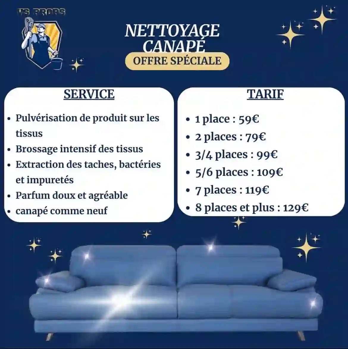 Affiche des tarifs de nettoyage de canapé VS Props