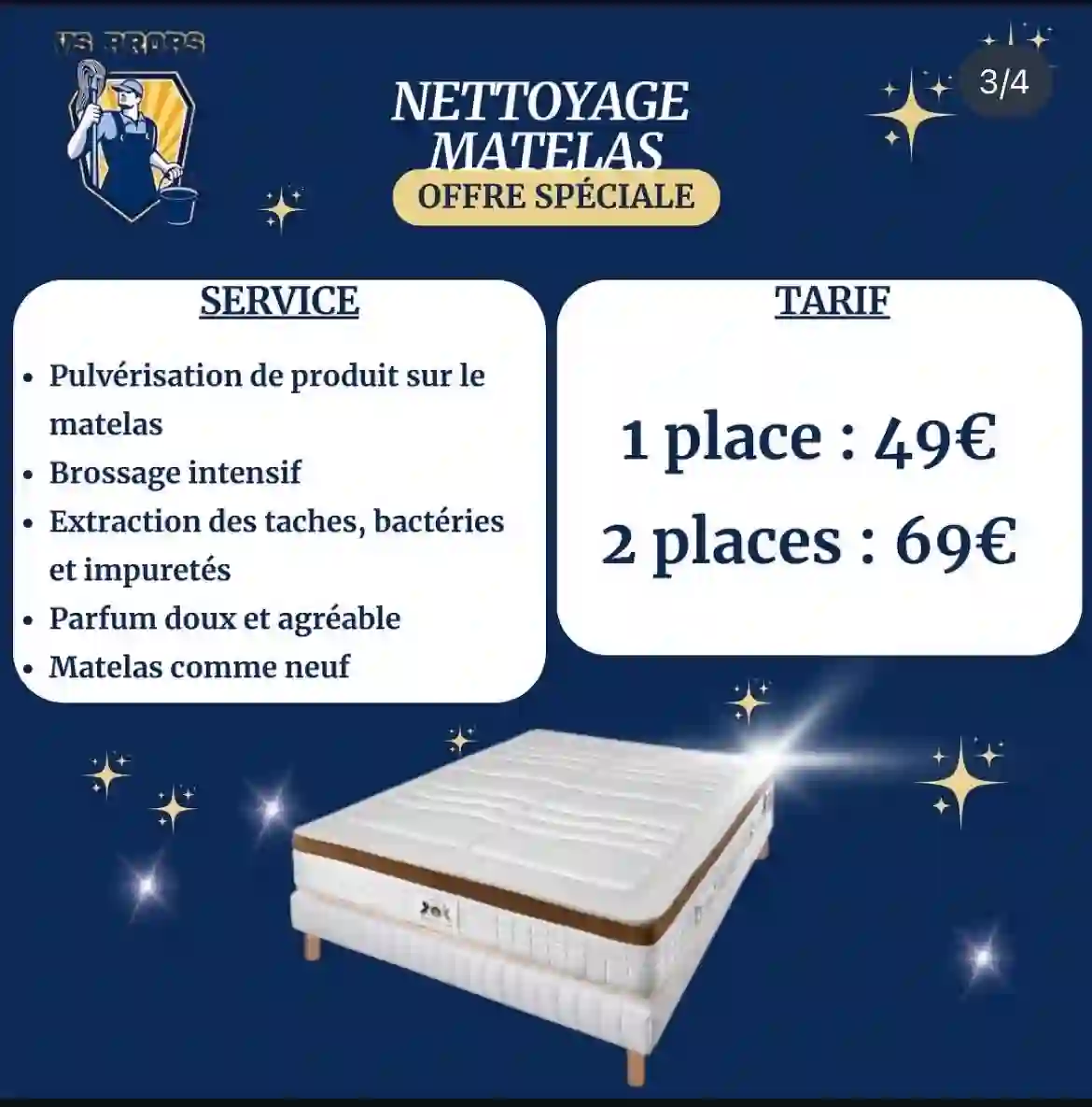 Affiche des tarifs de nettoyage de matelas VS Props